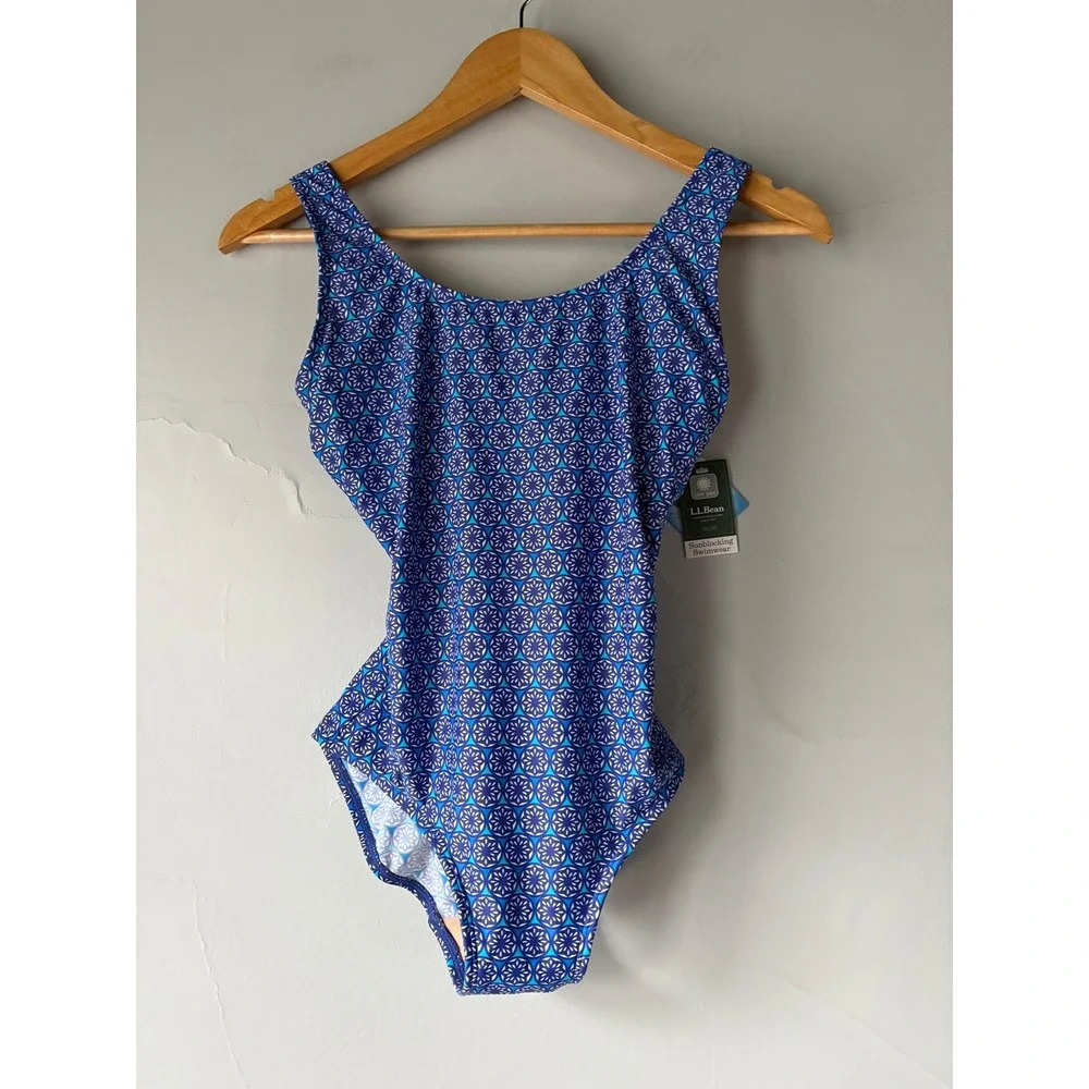 NEW‎ L.L.Bean Blue Geometric Sunblocking One Piece Swimsuit Size 6 REG